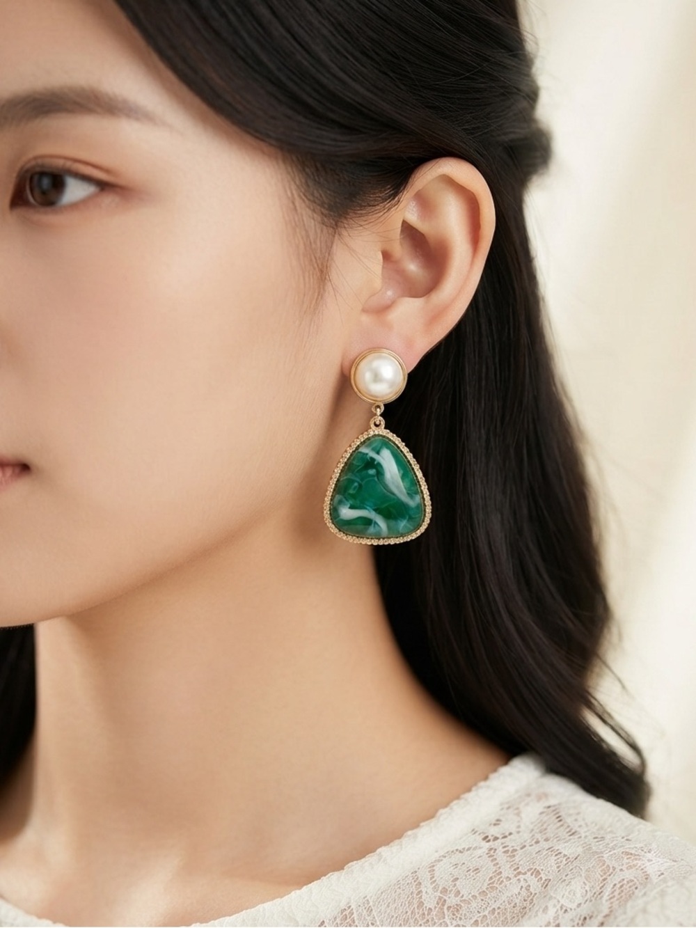 Green Resin Drop Earrings with Pearl Stud Top | Gold Tone Statement Earrings